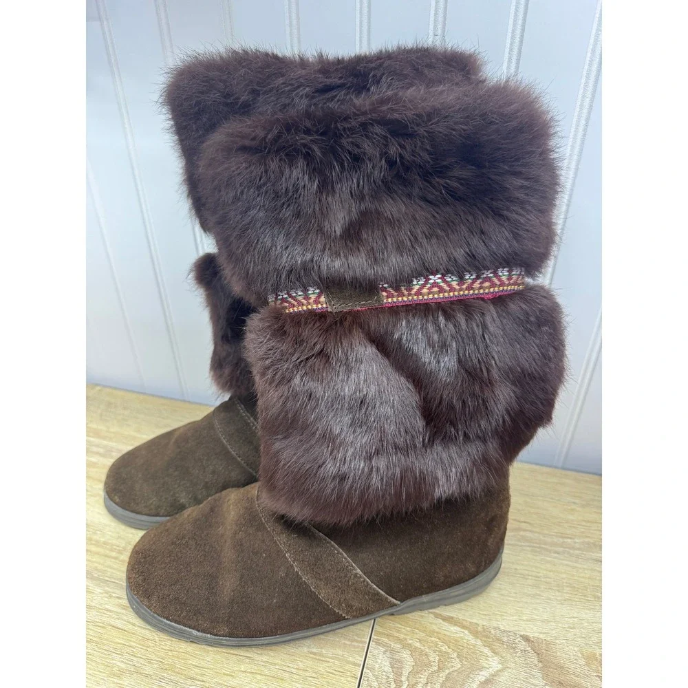 Minnetonka Women‎ 9 Brown Suede Rabbit Fur Mukluk Winter Boots Woven Yeti